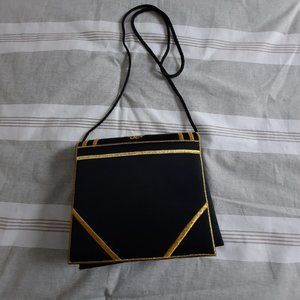 Ivana Trump Shoulder Bag Box Purse Book Design Black/Gold Satin
